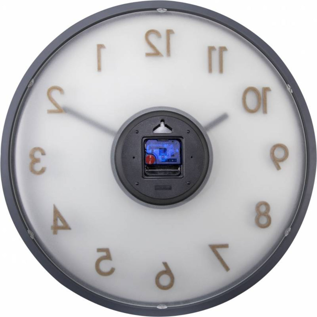 Round clock face with numbers and a central display on a white background