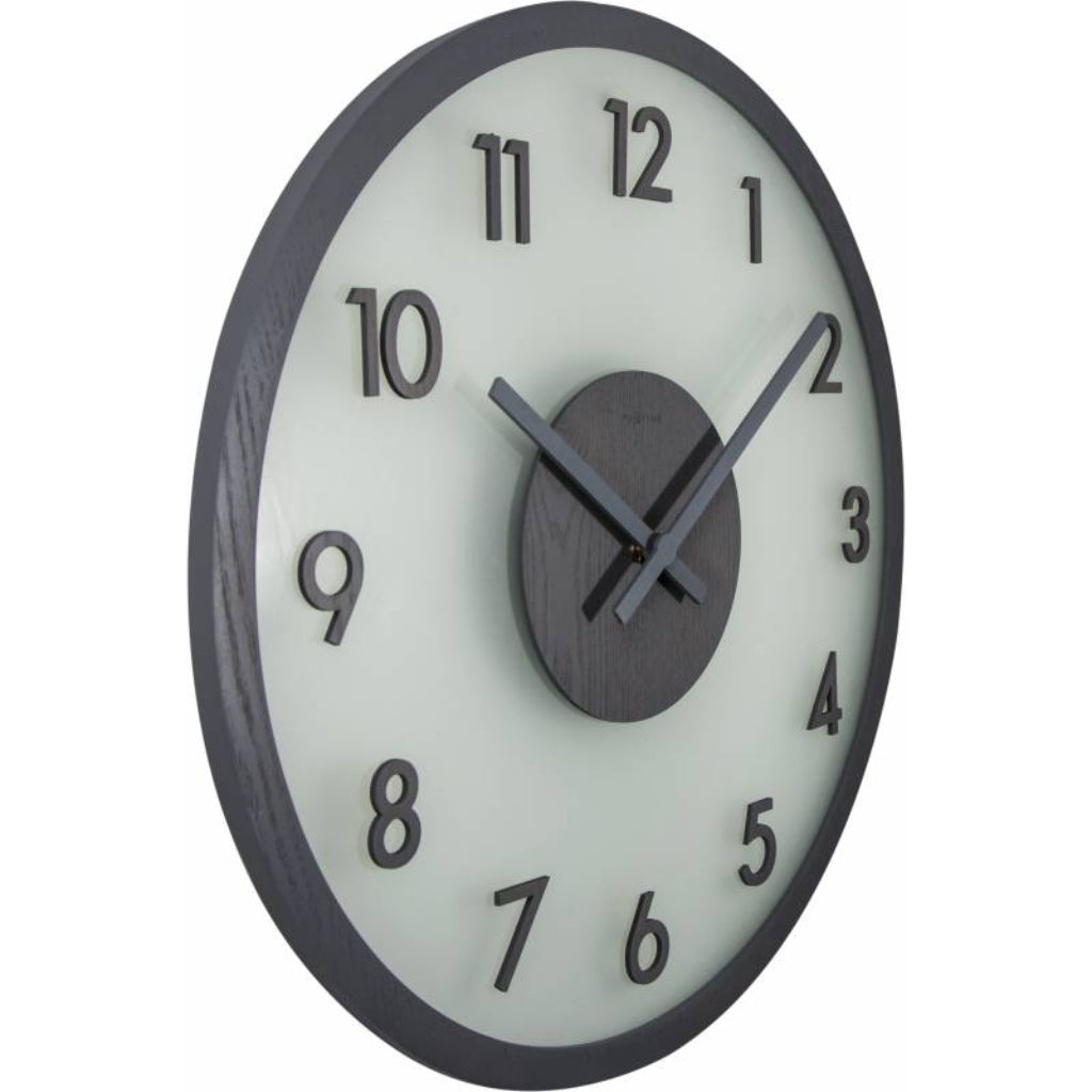 Round wall clock with black frame and white face on a white background