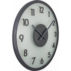 Round wall clock with black frame and white face on a white background