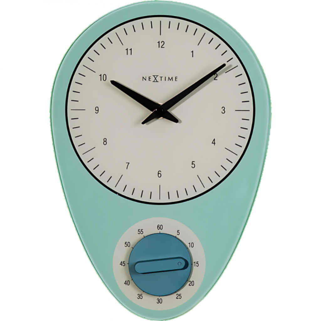 Teal kitchen timer with a clock face on a white background from Nextime available at Spacio retail stores in Mumbaii & Kolkata and online.