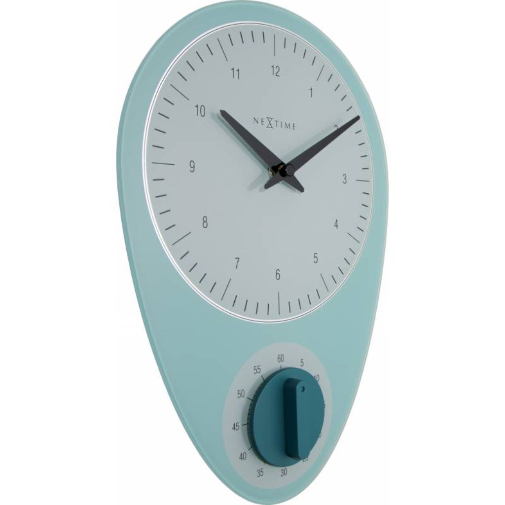 Light blue wall clock with a timer on a white background