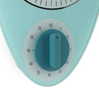 Close-up of a turquoise kitchen timer with a white background