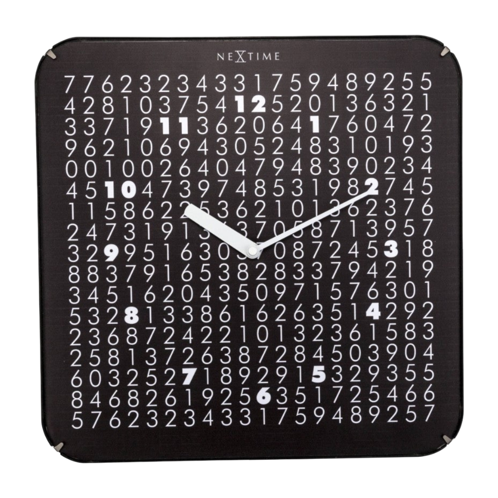 Square wall clock with black background and white numbers, branded 'NeXtime'. available at Spacio retail stores in Mumbaii & Kolkata and online.