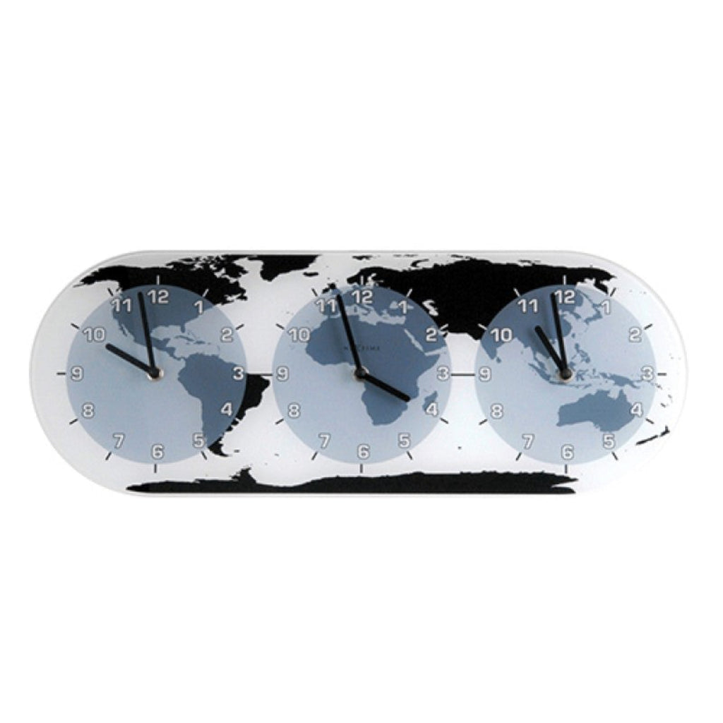 World map clock with three clock faces on a white background from Nextime available at Spacio retail stores in Mumbaii & Kolkata and online.