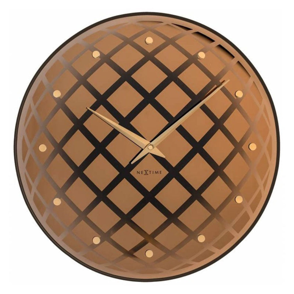 Brown grid-patterned wall clock with gold accents on a white background from Nextime available at Spacio retail stores in Mumbaii & Kolkata and online.