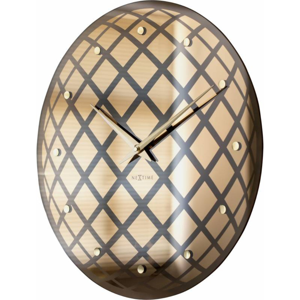 Decorative wall clock with lattice pattern on a white background