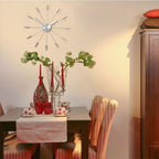 Dining room with a table set for four, decorative clock on the wall, and a cabinet.