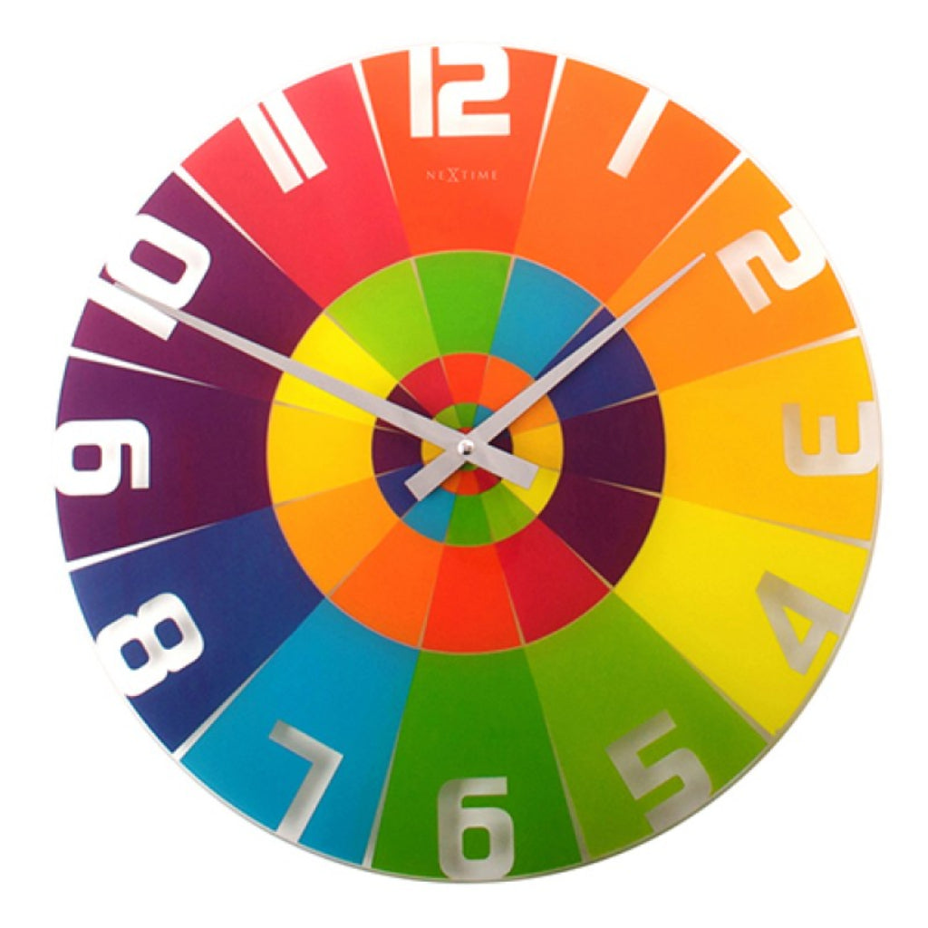 Colorful circular clock with a rainbow design on a white background from Nextime available at Spacio retail stores in Mumbaii & Kolkata and online.