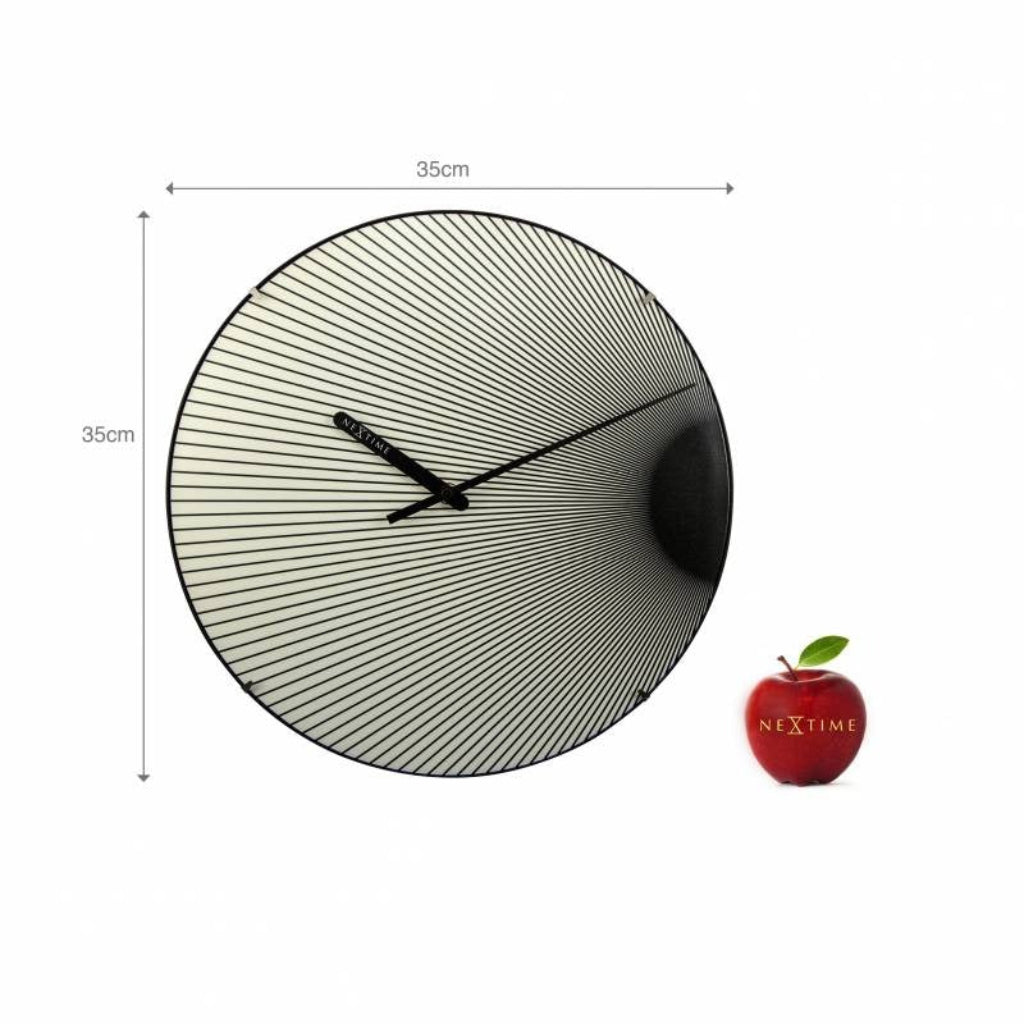 Wall clock with dimensions and NeXtime logo on an apple