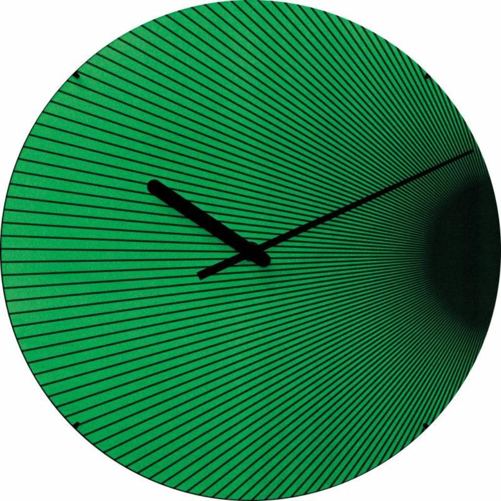 Green wall clock with black hour and minute hands on a white background
