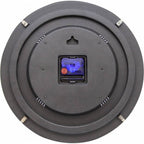 Round gray speaker driver with a central electronic component on a white background