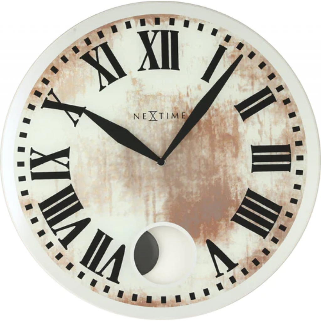 Round wall clock with Roman numerals and 'NeXtime' branding on a white background from Nextime available at Spacio retail stores in Mumbaii & Kolkata and online.