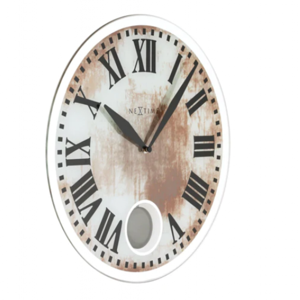Round wall clock with Roman numerals on a white background