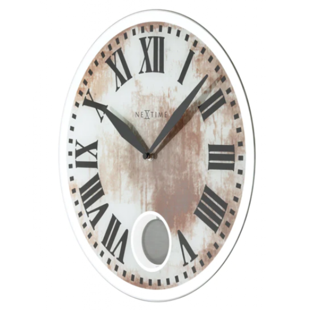 Decorative wall clock with Roman numeral markers on a white background