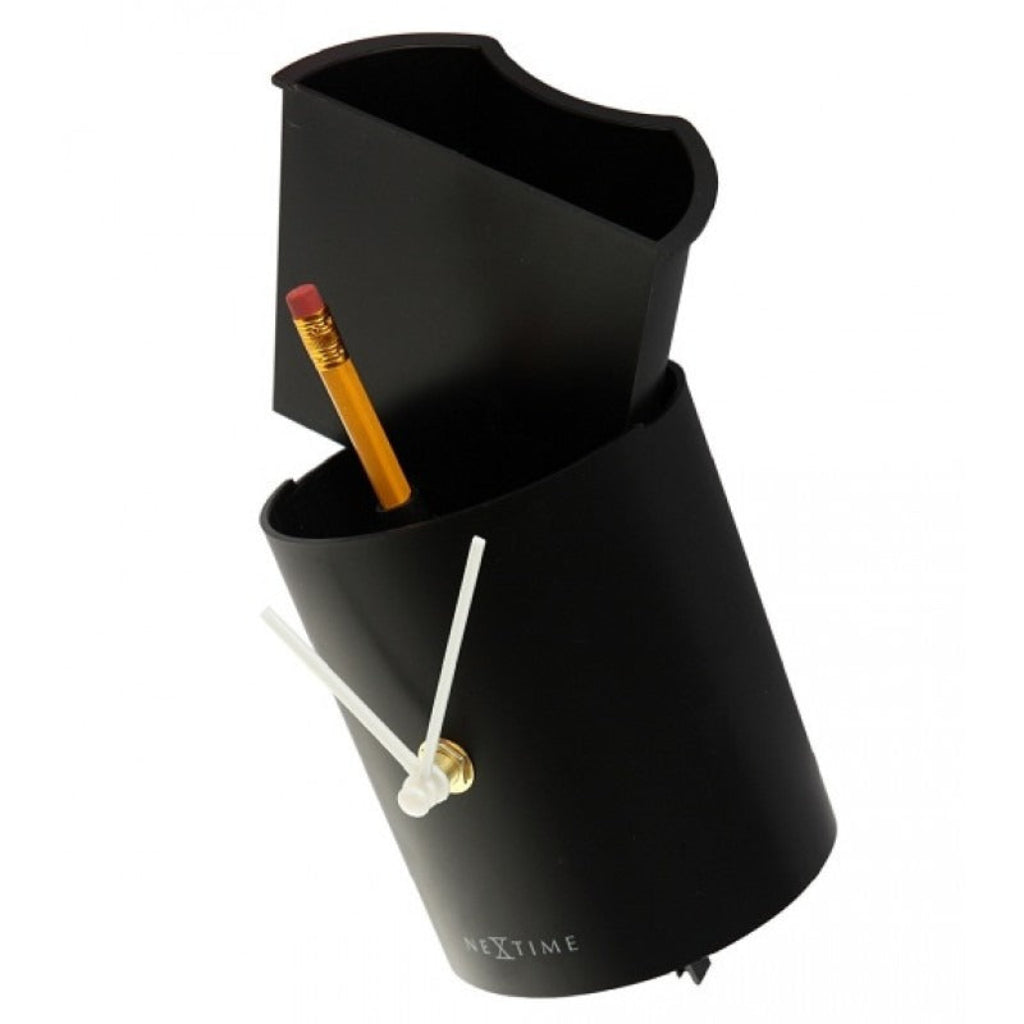 Black cylindrical pencil holder with a pencil inside on a white background from Nextime available at Spacio retail stores in Mumbaii & Kolkata and online.
