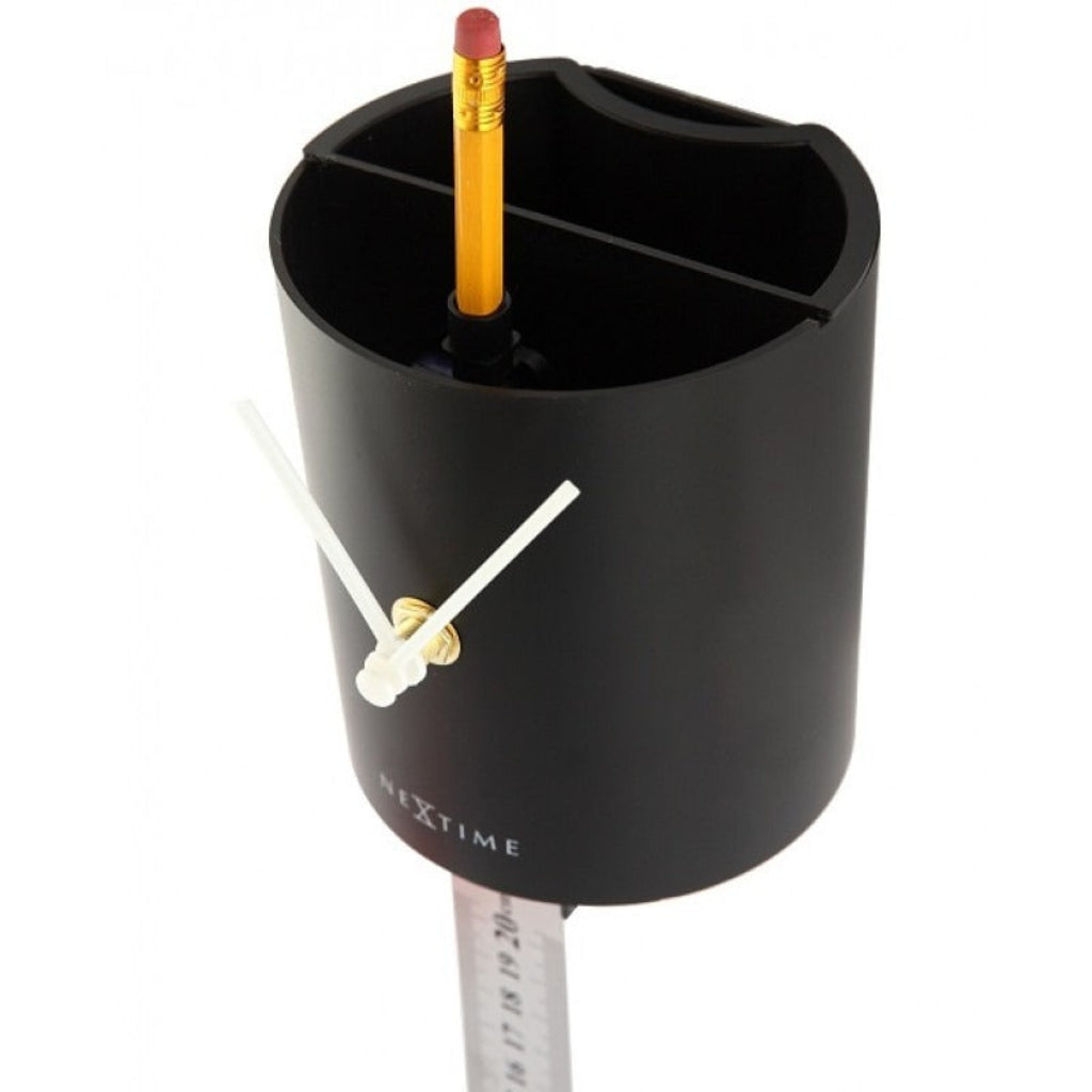 Black pen holder with clock and ruler, featuring a yellow pencil, on a white background.