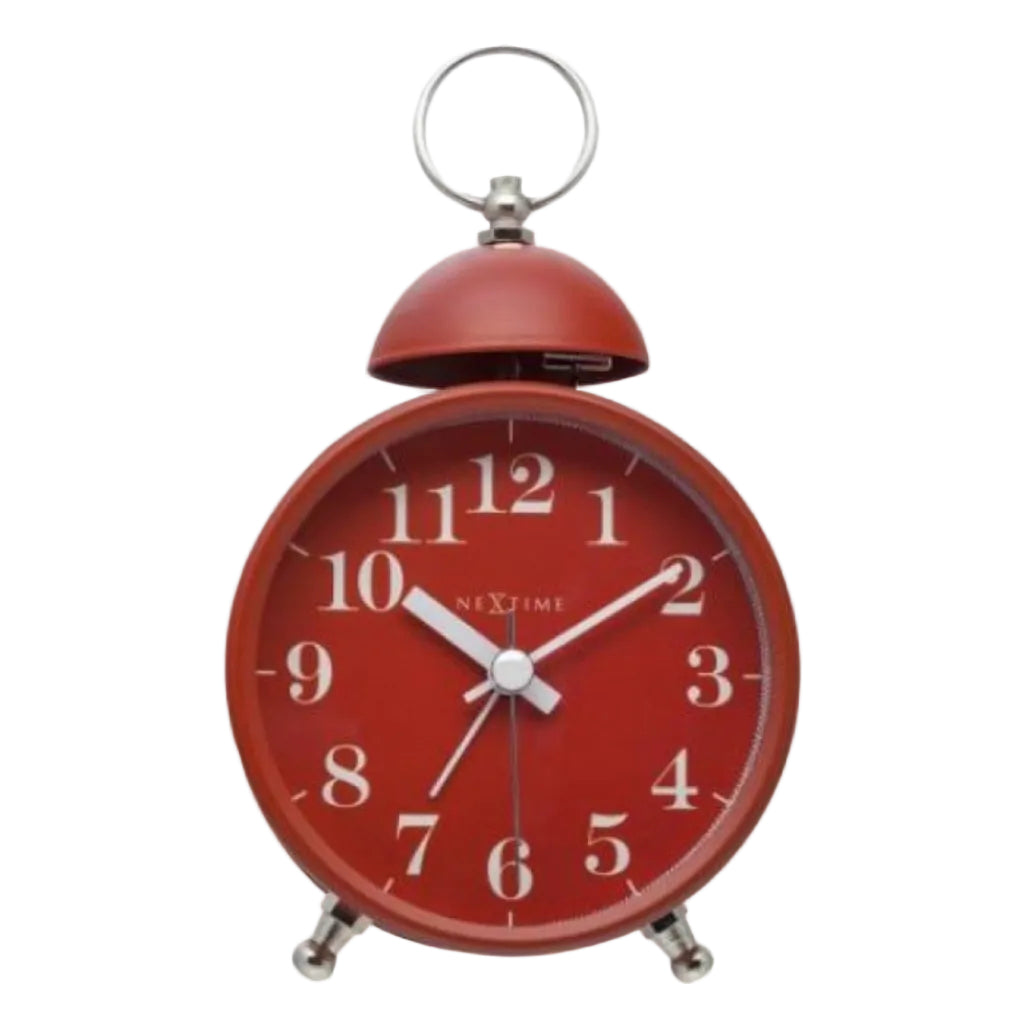 Red alarm clock with white hands on a white background from Nextime available at Spacio retail stores in Mumbaii & Kolkata and online.