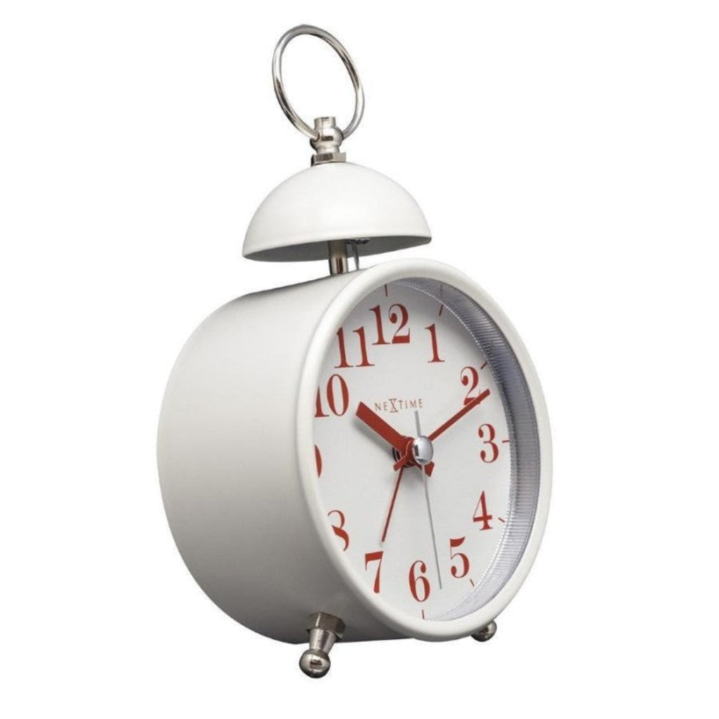 White alarm clock with red hands on a white background available at Spacio retail stores in Mumbaii & Kolkata and online.