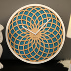 Wooden wall clock with geometric design on a dark background