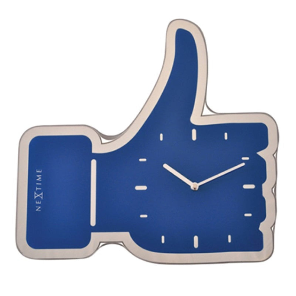 Wall clock shaped like a blue 'like' hand gesture with 'Nextime' branding on a white background
from Nextime available at Spacio retail stores in Mumbaii & Kolkata and online.