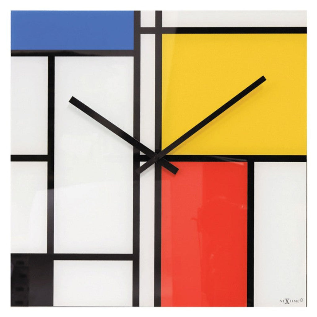 Colorful square clock with black hour markers on a white background from Nextime available at Spacio retail stores in Mumbaii & Kolkata and online.