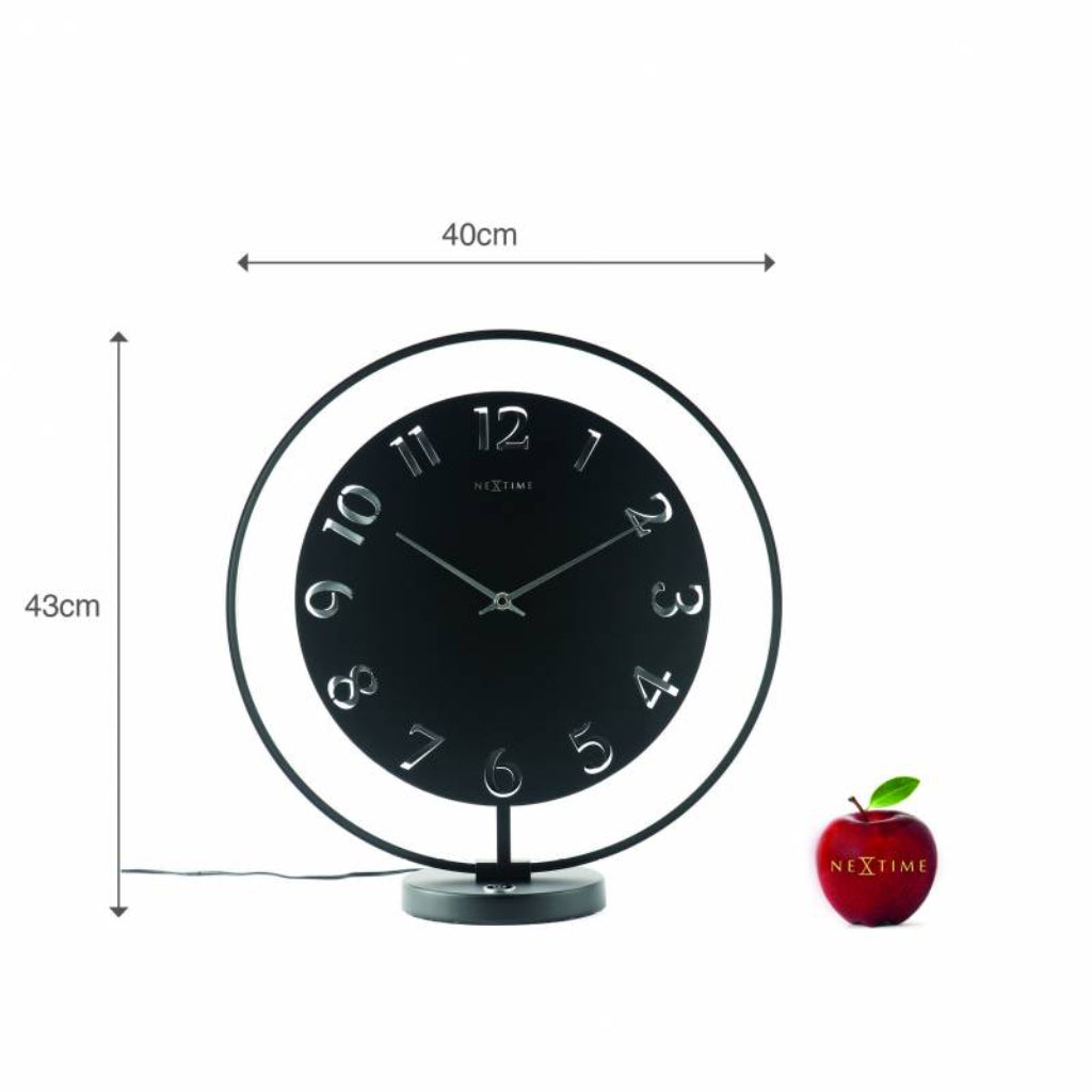 Black table clock with measurements and Nextime logo on a white background