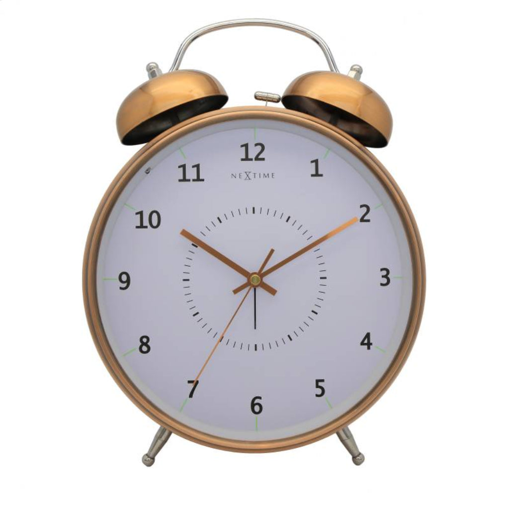Bronze alarm clock with white face on a white background  from Nextime available at Spacio retail stores in Mumbaii & Kolkata and online.