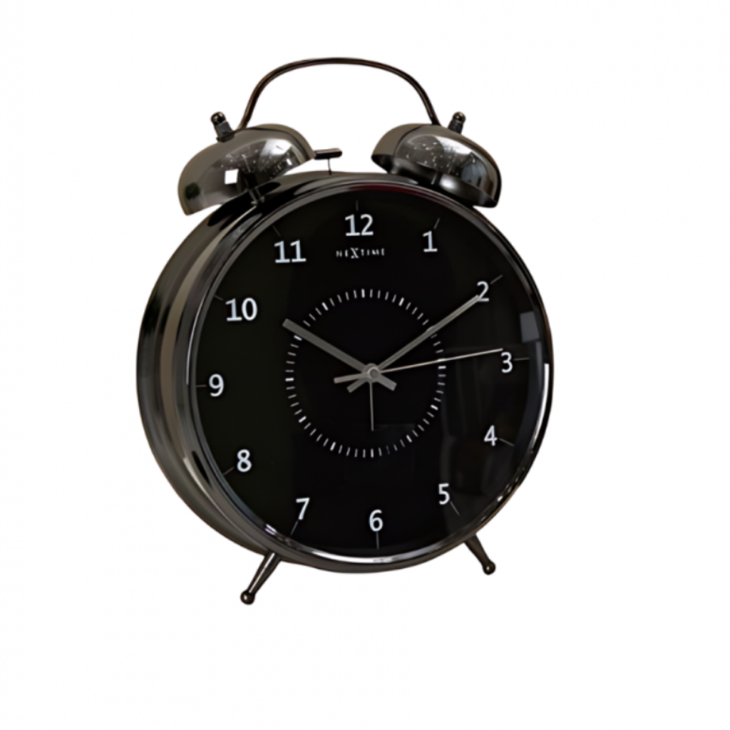 Black alarm clock with white numbers on a white background  from Nextime available at Spacio retail stores in Mumbaii & Kolkata and online.