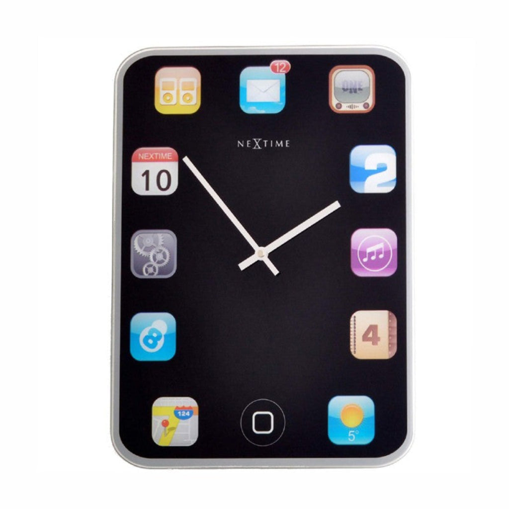 Wall clock designed like a smartphone with app icons and brand 'NeXtime' displayed.  from Nextime available at Spacio retail stores in Mumbaii & Kolkata and online.