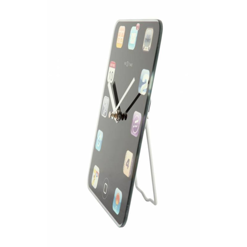 Tablet-shaped clock with app icons on a white background