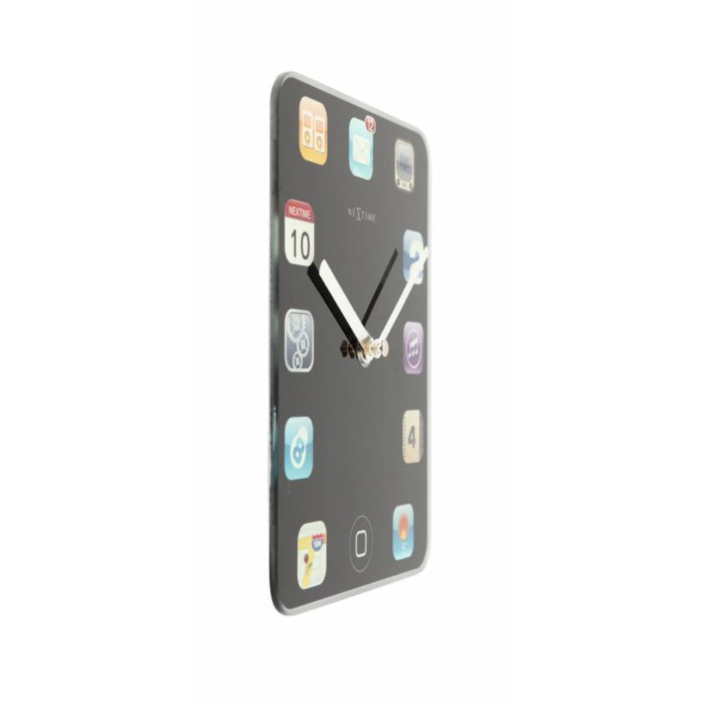 Phone-shaped wall clock with app icons on a white background