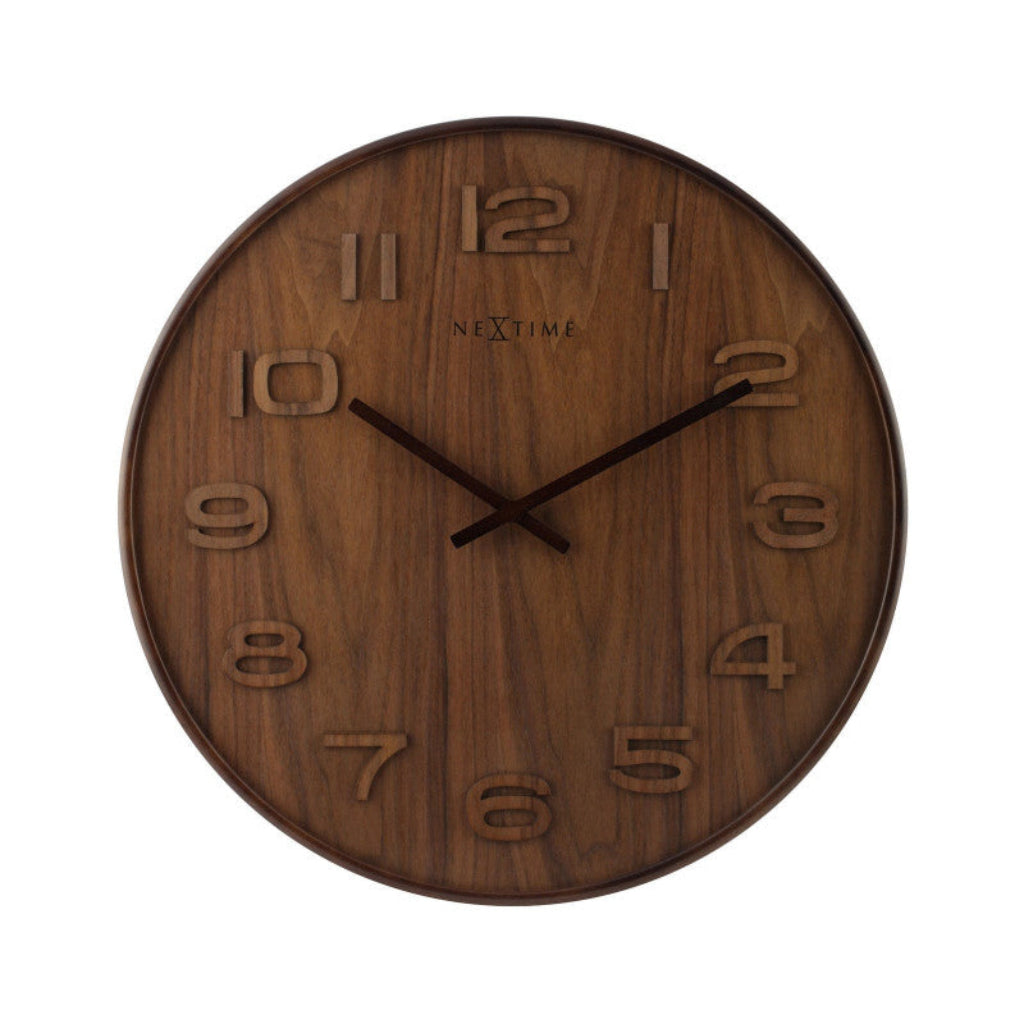 Wooden wall clock with brand name on a white background