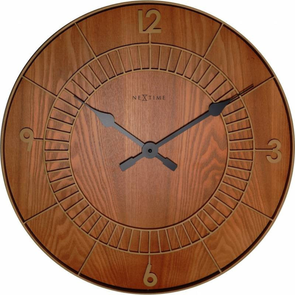 Wooden wall clock with 'Nextime' branding on a white background  from Nextime available at Spacio retail stores in Mumbaii & Kolkata and online.