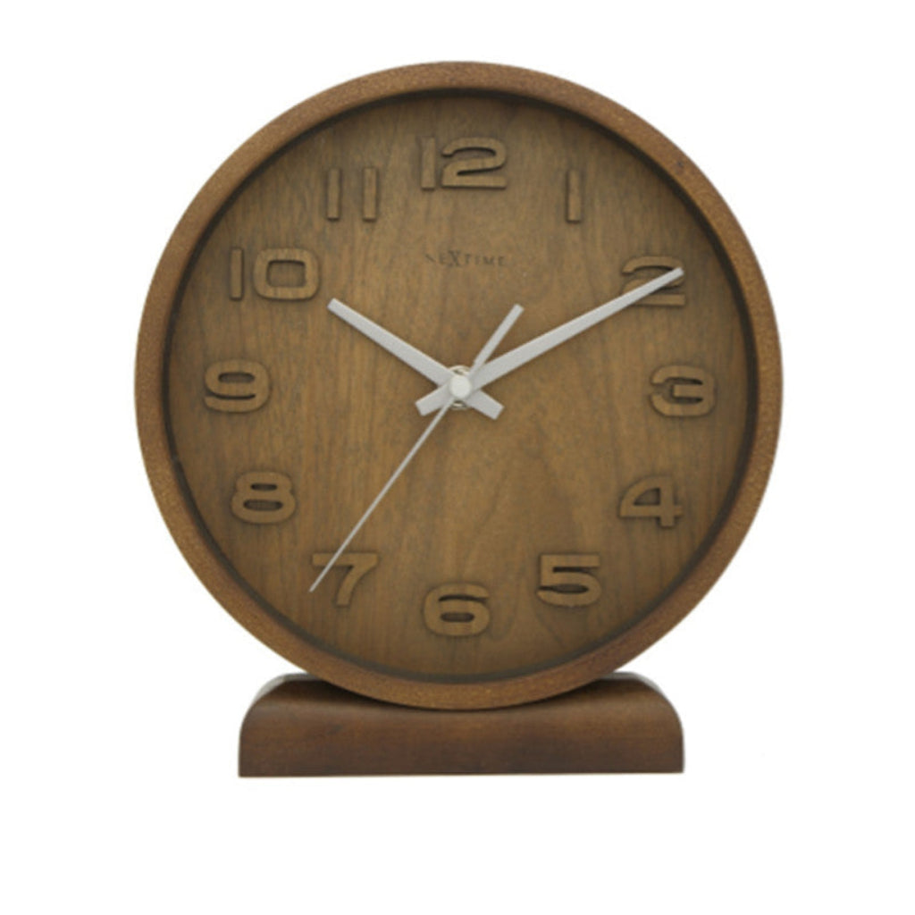 Wooden clock with white hands on a white background from Nextime available at Spacio retail stores in Mumbaii & Kolkata and online.