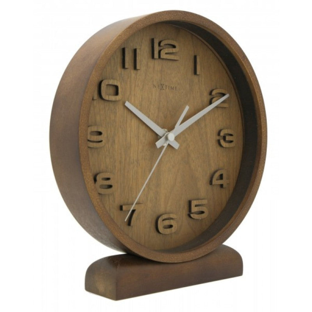Wooden clock with white hands on a white background