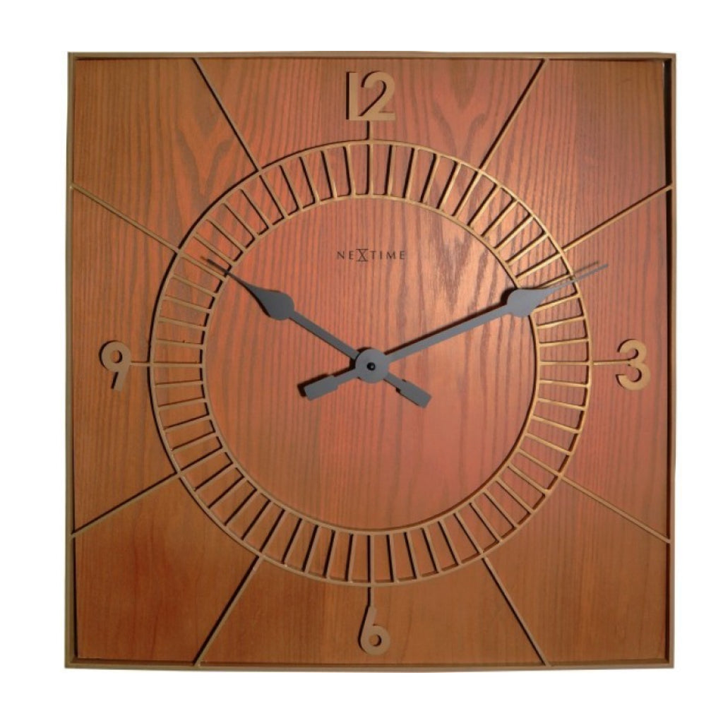 Wooden wall clock with 'NeXtime' branding on a white background  from Nextime available at Spacio retail stores in Mumbaii & Kolkata and online.