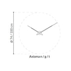 Wall clock design with dimensions and brand name on a white background