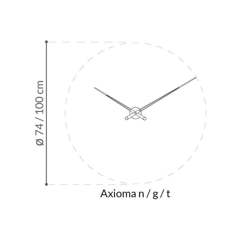 Wall clock design with dimensions and brand name on a white background