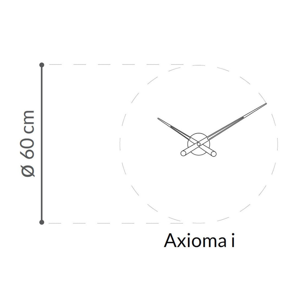 Wall clock with dimensions and brand name 'Axioma i' on a white background