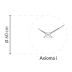 Wall clock with dimensions and brand name 'Axioma i' on a white background