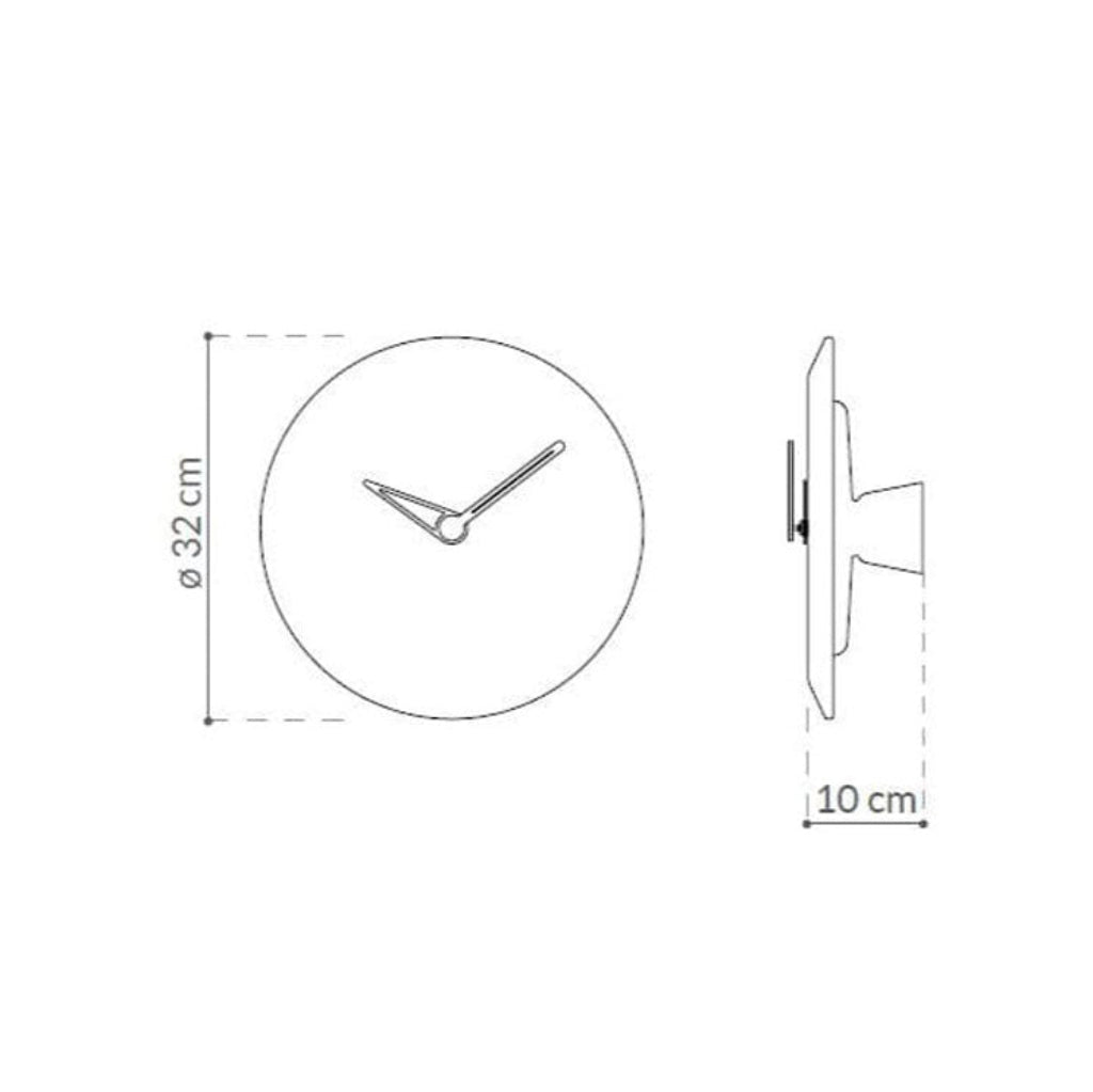 Technical drawing of a wall clock with dimensions on a white background