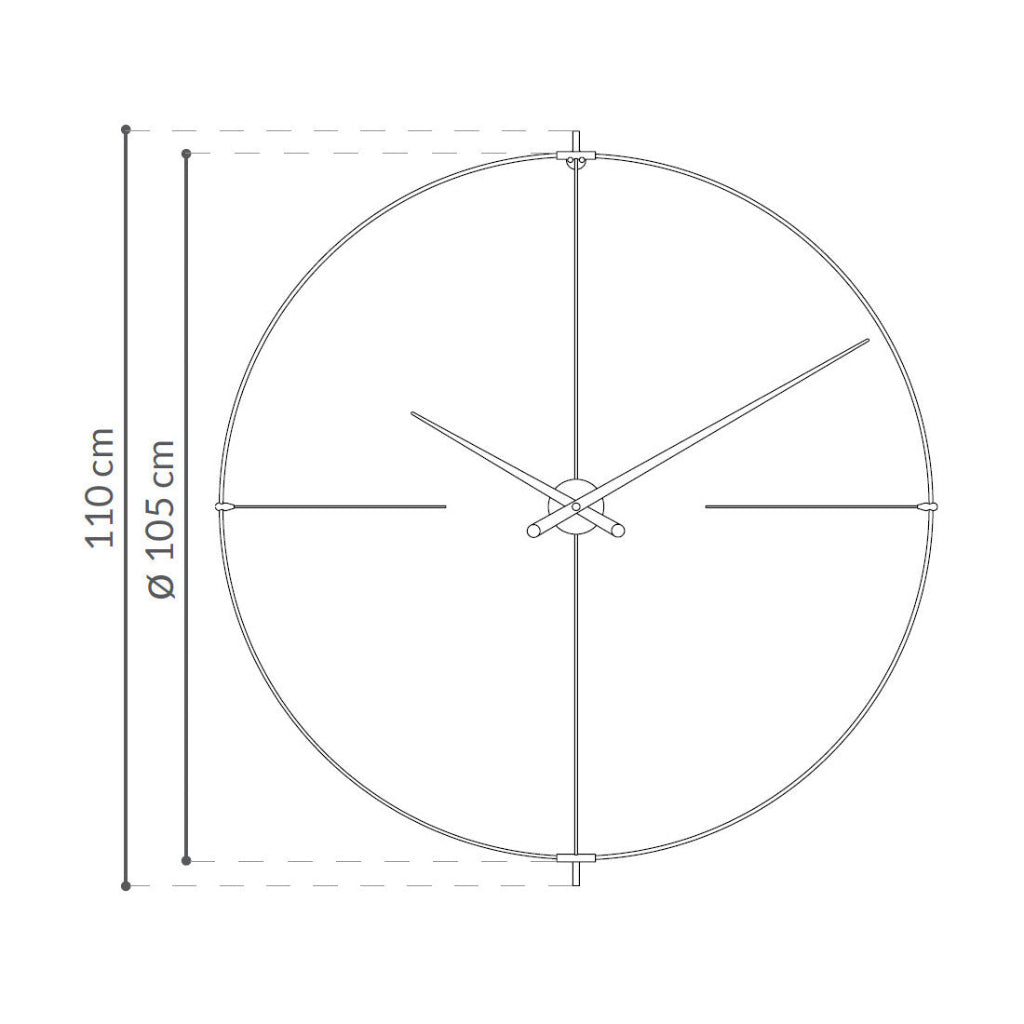 Technical drawing of a round wall clock with dimensions on a white background