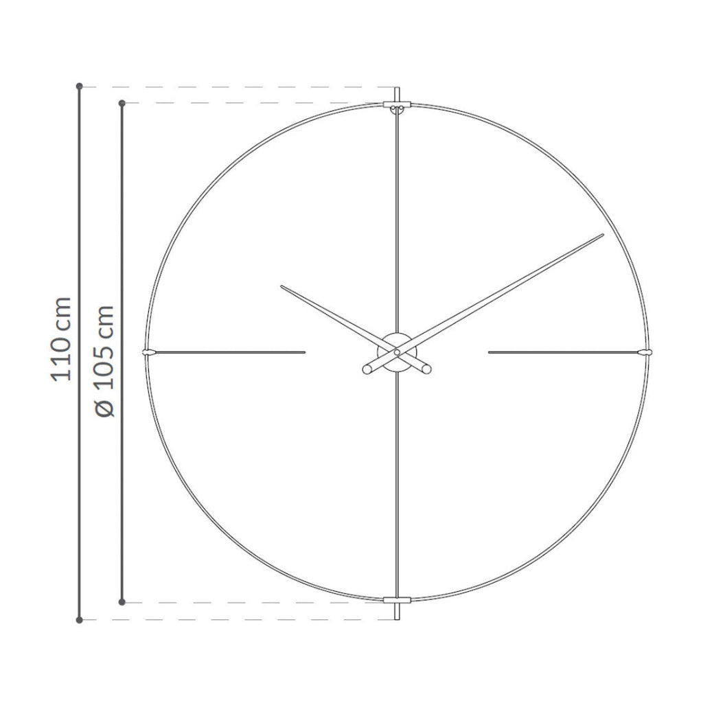 Line drawing of a wall clock with dimensions indicated.