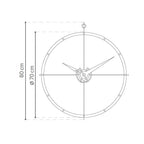 Technical drawing of a round clock with dimensions on a white background