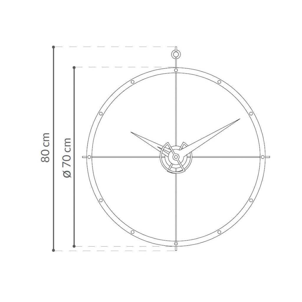 Technical drawing of a round clock with dimensions on a white background