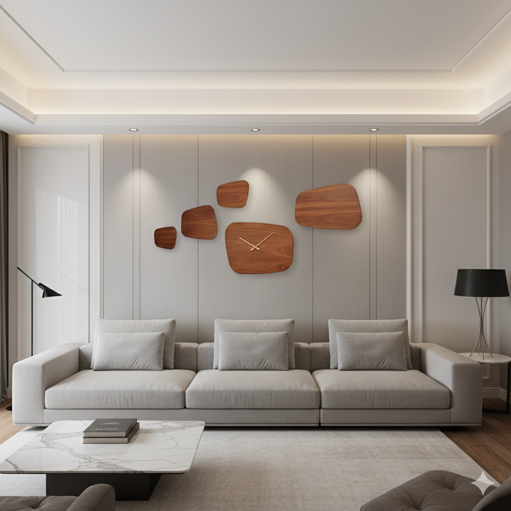 Modern living room with a gray sofa, wooden wall clock, and decorative elements.