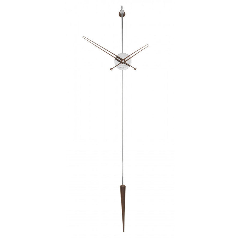 A modern Nomon Clock Nomon Istante Chrome (Limited Edition) hanging on a wooden pole with sleek design. available at Spacio retail stores in Mumbaii & Kolkata and online.