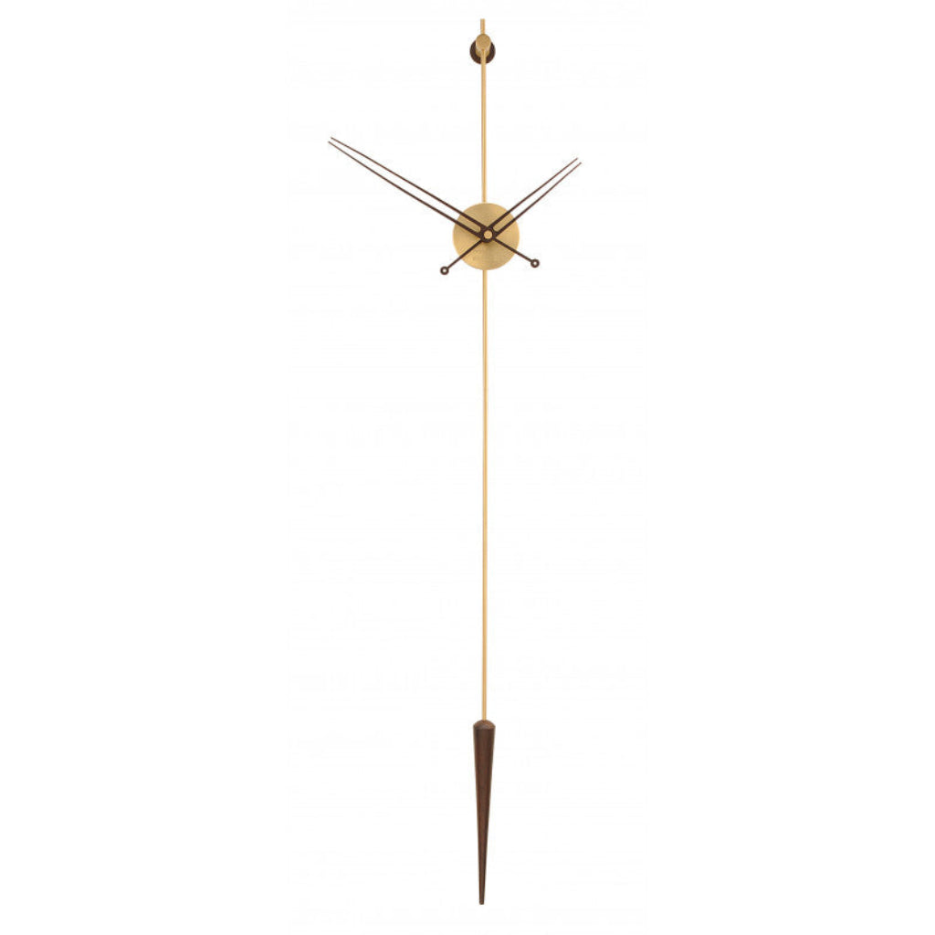 A Nomon clock with a wooden stick and a brass finish. available at Spacio retail stores in Mumbaii & Kolkata and online.