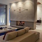 Modern living room with textured wall and fireplace