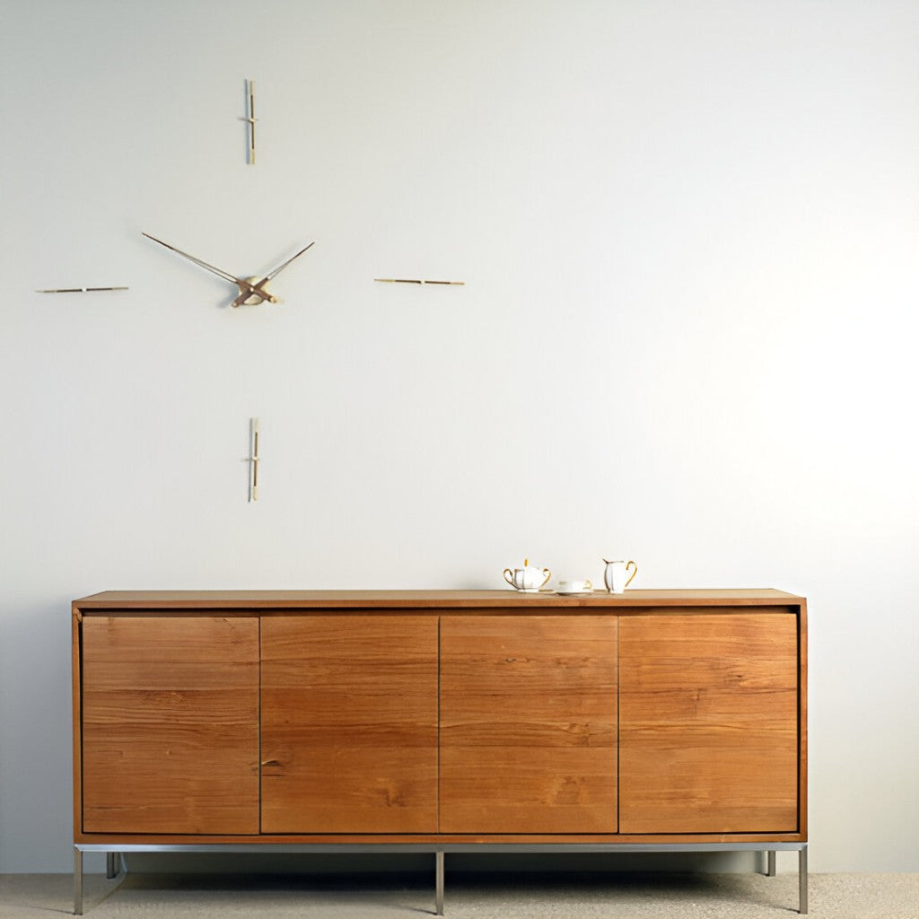 Wooden sideboard against a white wall with decorative elements.